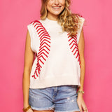 White Baseball Stitch Sweater Vest | Queen Of Sparkles