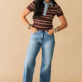 Shyla Stripe Polo Top | Brown