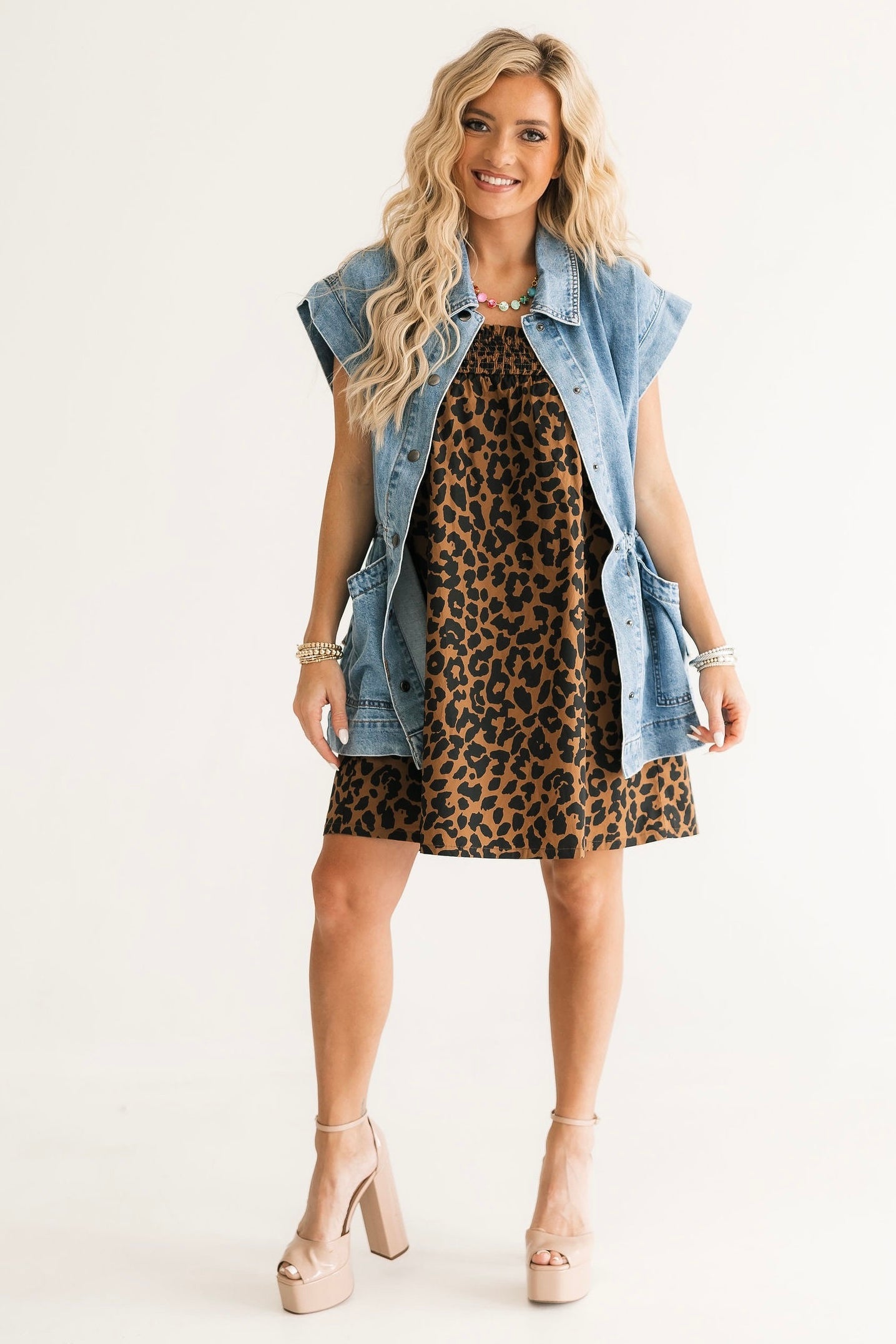 Wild Thing Mini Dress leopard print — sleeveless smocked bust mini dress with pockets