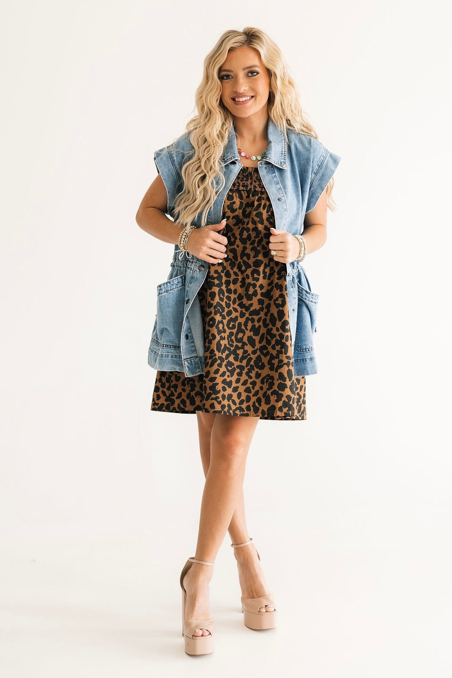 Lexi Jade's Wild Thing Mini Dress in Leopard — flowy relaxed fit with smocked bust detail