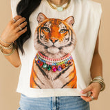 Tiger Rhinestone Collar Muscle Tee