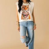Tiger Rhinestone Collar Muscle Tee