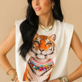 Tiger Rhinestone Collar Muscle Tee
