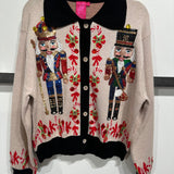 Black Trim Collar Nutcracker & Candy Cane Button Up Cardigan | Queen Of Sparkles
