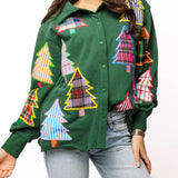 Dark Green Multi Plaid & Stripe Christmas Tree Button Up Shacket | Queen Of Sparkles