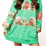 Green Snowy Christmas Village Sweatshirt Dress | Queen Of Sparkles