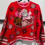 Red & Pink Vintage Poinsettia Santa Sweatshirt | Queen Of Sparkles