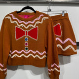 Brown Gingerbread Man Jewel Bow Tie Sweater | Queen Of Sparkles