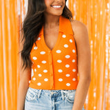 Collared Polka Dot Halter Top | Orange