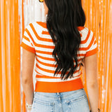 Short Sleeve Stripe Sweater | Orange White