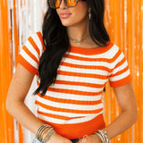 Short Sleeve Stripe Sweater | Orange White