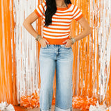 Short Sleeve Stripe Sweater | Orange White