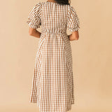 Plaid Puff Sleeve Midi Dress | Brown