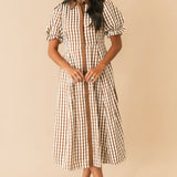Plaid Puff Sleeve Midi Dress | Brown
