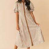 Plaid Puff Sleeve Midi Dress | Brown