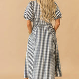 Plaid Puff Sleeve Midi Dress | Black