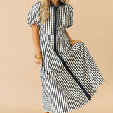 Plaid Puff Sleeve Midi Dress | Black