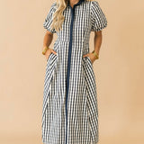 Plaid Puff Sleeve Midi Dress | Black