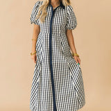 Plaid Puff Sleeve Midi Dress | Black