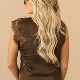Sleeveless Lace Trim Top | Brown