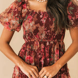 Puff Sleeve Floral Midi Dress | Burgundy