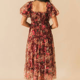 Puff Sleeve Floral Midi Dress | Burgundy