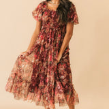 Puff Sleeve Floral Midi Dress | Burgundy