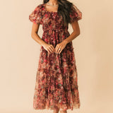 Puff Sleeve Floral Midi Dress | Burgundy