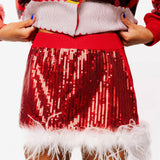 Red Sequin Feather Trim Santa Skirt | Queen Of Sparkles