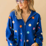Royal Blue Sequin Flower Zip Up Sweater | Queen Of Sparkles