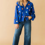 Royal Blue Sequin Flower Zip Up Sweater | Queen Of Sparkles