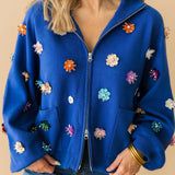 Royal Blue Sequin Flower Zip Up Sweater | Queen Of Sparkles