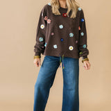 Brown Multi Sequin Flower QOS Card Logo Pocket Rhinestone Tie Sweatshirt | Queen Of Sparkles