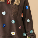 Brown Multi Sequin Flower QOS Card Logo Pocket Rhinestone Tie Sweatshirt | Queen Of Sparkles