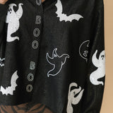 Black Denim Ghost 'Boo' Button Up Cotton Long Sleeve Top | Queen Of Sparkles