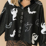 Black Denim Ghost 'Boo' Button Up Cotton Long Sleeve Top | Queen Of Sparkles