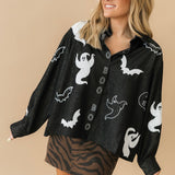 Black Denim Ghost 'Boo' Button Up Cotton Long Sleeve Top | Queen Of Sparkles