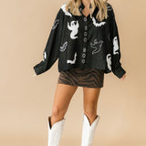 Black Denim Ghost 'Boo' Button Up Cotton Long Sleeve Top | Queen Of Sparkles