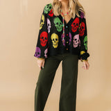 Black Multi Skull Button Rhinestone Cardigan | Queen Of Sparkles