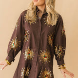 Brown Sunburst Button Up Cotton Ruffle Dress | Queen Of Sparkles