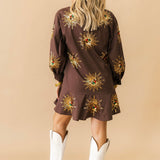 Brown Sunburst Button Up Cotton Ruffle Dress | Queen Of Sparkles