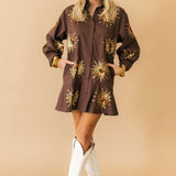 Brown Sunburst Button Up Cotton Ruffle Dress | Queen Of Sparkles