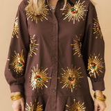Brown Sunburst Button Up Cotton Ruffle Dress | Queen Of Sparkles