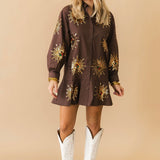 Brown Sunburst Button Up Cotton Ruffle Dress | Queen Of Sparkles