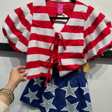 Red & White Stripe Cotton Poof Sleeve Tie Top | Queen Of Sparkles