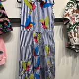 Navy & White Stripe Multi Parrot Tie Midi Cotton Dress | Queen Of Sparkles