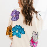 Beige Oversized Colorful Sequin Flower Sweatshirt | Queen Of Sparkles