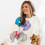 Beige Oversized Colorful Sequin Flower Sweatshirt | Queen Of Sparkles