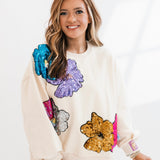 Beige Oversized Colorful Sequin Flower Sweatshirt | Queen Of Sparkles