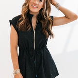 Black Rhinestone Zip Up Romper | Queen Of Sparkles